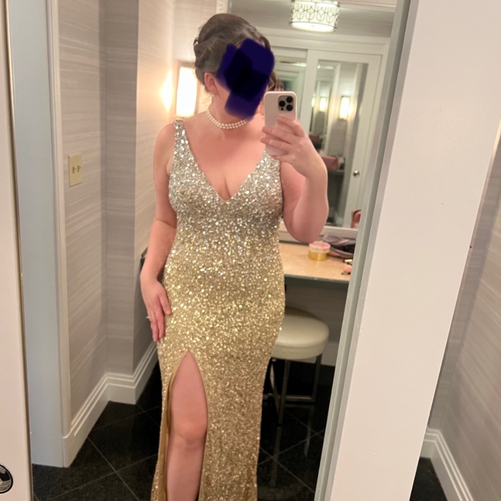 Mac Duggal Gold Sequin Slit Gown